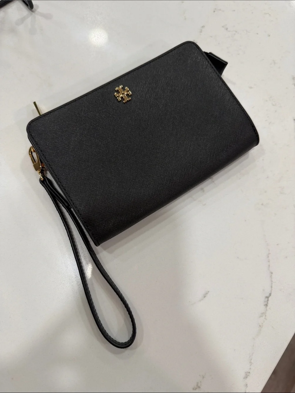 Tory Burch Black Saffiano Leather Wristlet with Gold Logo